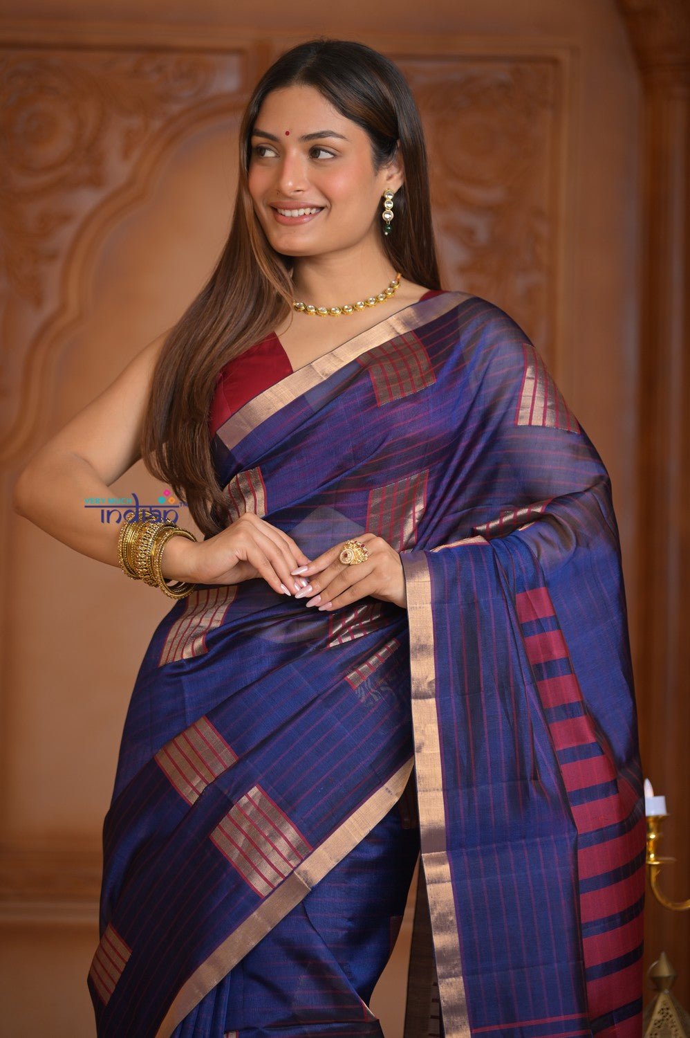 Shubh Lakshmi ~ Handloom High Quality Pure Soft Silk Kota Saree in Royal Blue (Silk Mark Certified) - verymuchindian.com