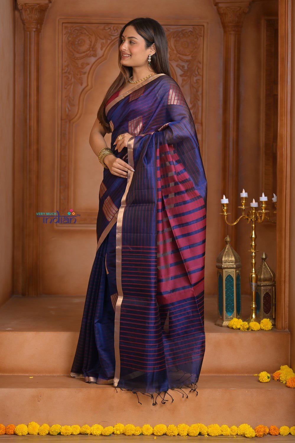 Shubh Lakshmi ~ Handloom High Quality Pure Soft Silk Kota Saree in Royal Blue (Silk Mark Certified) - verymuchindian.com