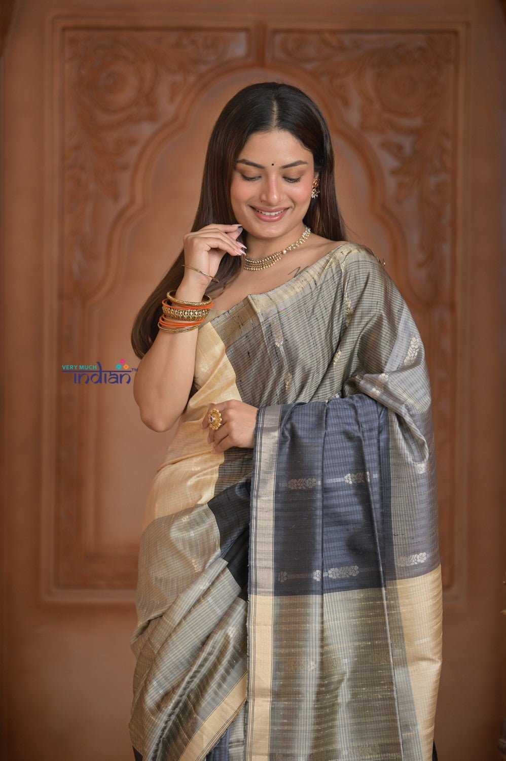 Shubh Lakshmi ~ Handloom High Quality Pure Soft Silk Saree in Black and Silver (Silk Mark Certified) - verymuchindian.com