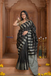 Shubh Lakshmi ~ Handloom High Quality Pure Soft Silk Saree in Black and Silver (Silk Mark Certified) - verymuchindian.com