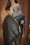 Shubh Lakshmi ~ Handloom High Quality Pure Soft Silk Saree in Black and Silver (Silk Mark Certified) - verymuchindian.com