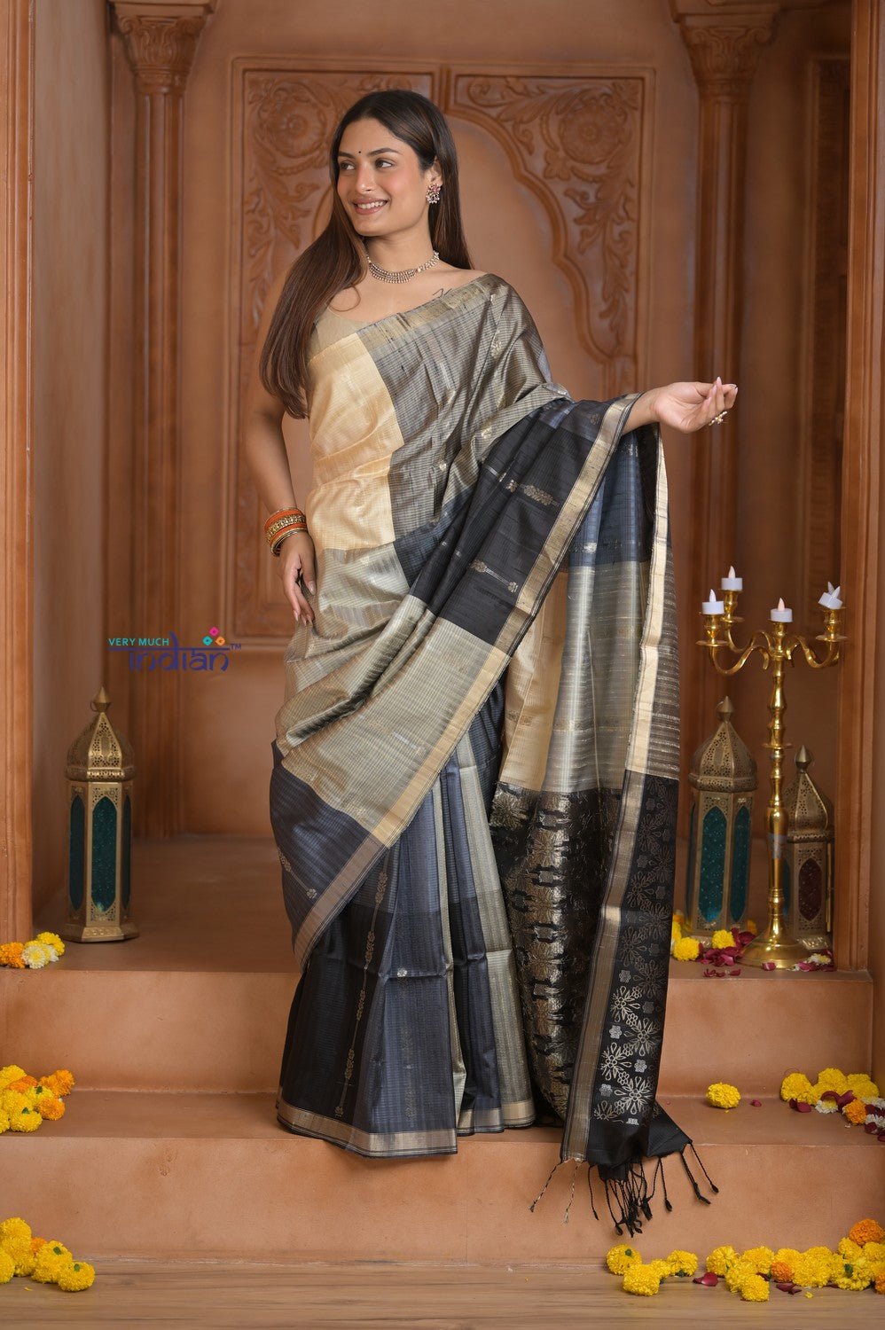 Shubh Lakshmi ~ Handloom High Quality Pure Soft Silk Saree in Black and Silver (Silk Mark Certified) - verymuchindian.com