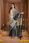 Shubh Lakshmi ~ Handloom High Quality Pure Soft Silk Saree in Black and Silver (Silk Mark Certified) - verymuchindian.com