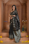 Shubh Lakshmi ~ Handloom High Quality Pure Soft Silk Saree in Black and Silver (Silk Mark Certified) - verymuchindian.com