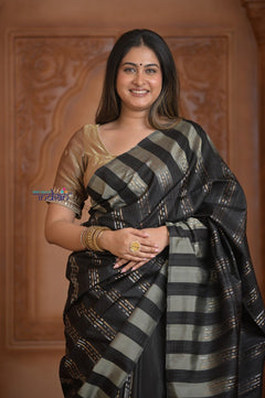 Shubh Lakshmi ~ Handloom High Quality Pure Soft Silk Saree in Black and Silver (Silk Mark Certified) - verymuchindian.com