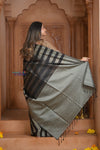 Shubh Lakshmi ~ Handloom High Quality Pure Soft Silk Saree in Black and Silver (Silk Mark Certified) - verymuchindian.com