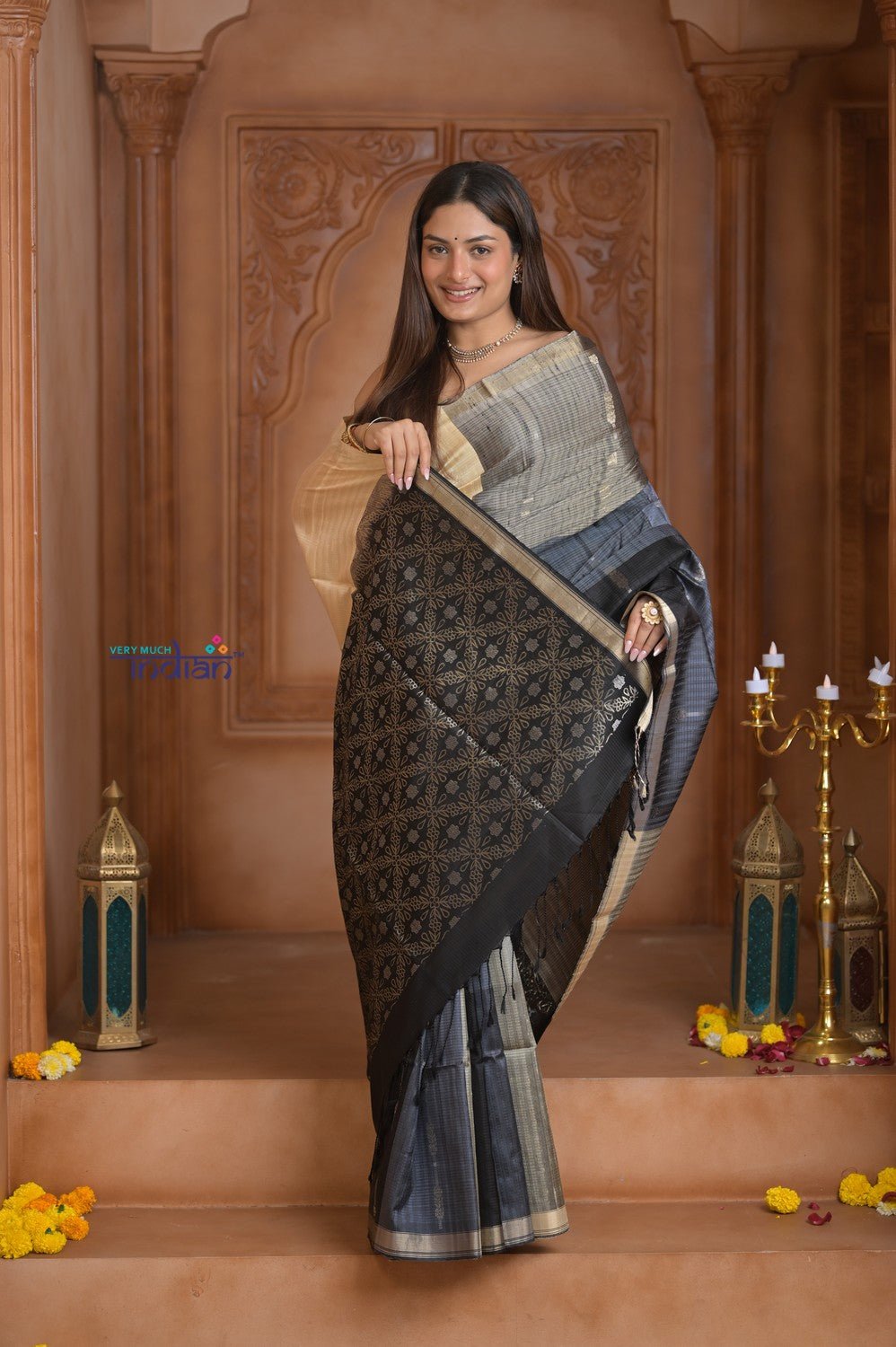 Shubh Lakshmi ~ Handloom High Quality Pure Soft Silk Saree in Black and Silver (Silk Mark Certified) - verymuchindian.com