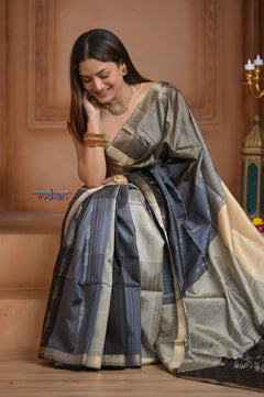 Shubh Lakshmi ~ Handloom High Quality Pure Soft Silk Saree in Black and Silver (Silk Mark Certified) - verymuchindian.com