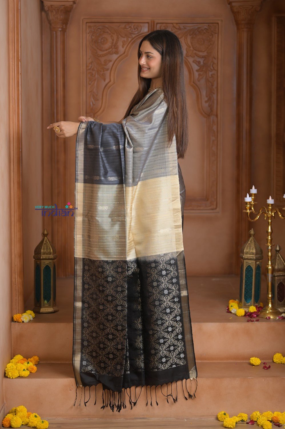Shubh Lakshmi ~ Handloom High Quality Pure Soft Silk Saree in Black and Silver (Silk Mark Certified) - verymuchindian.com