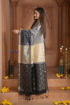 Shubh Lakshmi ~ Handloom High Quality Pure Soft Silk Saree in Black and Silver (Silk Mark Certified) - verymuchindian.com