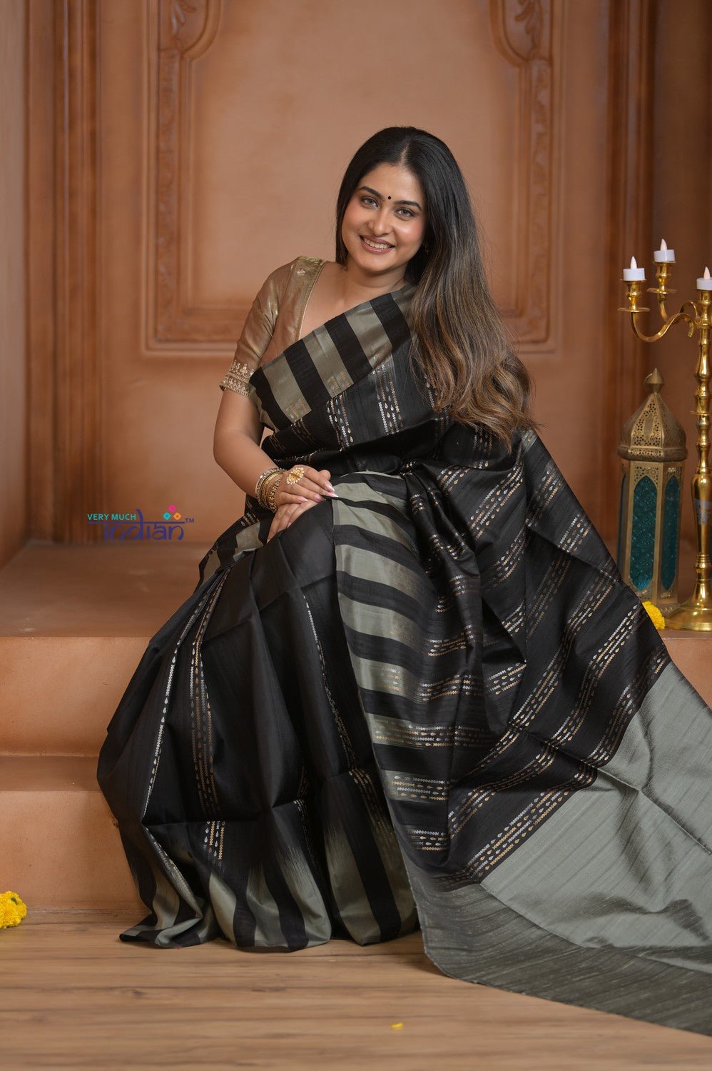Shubh Lakshmi ~ Handloom High Quality Pure Soft Silk Saree in Black and Silver (Silk Mark Certified) - verymuchindian.com
