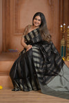 Shubh Lakshmi ~ Handloom High Quality Pure Soft Silk Saree in Black and Silver (Silk Mark Certified) - verymuchindian.com