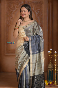 Shubh Lakshmi ~ Handloom High Quality Pure Soft Silk Saree in Black and Silver (Silk Mark Certified) - verymuchindian.com