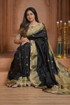Shubh Lakshmi ~ Handloom High Quality Pure Soft Silk Saree in Black with Tricolor Border (Silk Mark Certified) - verymuchindian.com