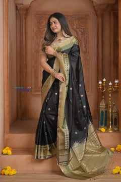 Shubh Lakshmi ~ Handloom High Quality Pure Soft Silk Saree in Black with Tricolor Border (Silk Mark Certified) - verymuchindian.com