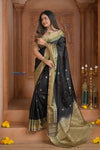 Shubh Lakshmi ~ Handloom High Quality Pure Soft Silk Saree in Black with Tricolor Border (Silk Mark Certified) - verymuchindian.com