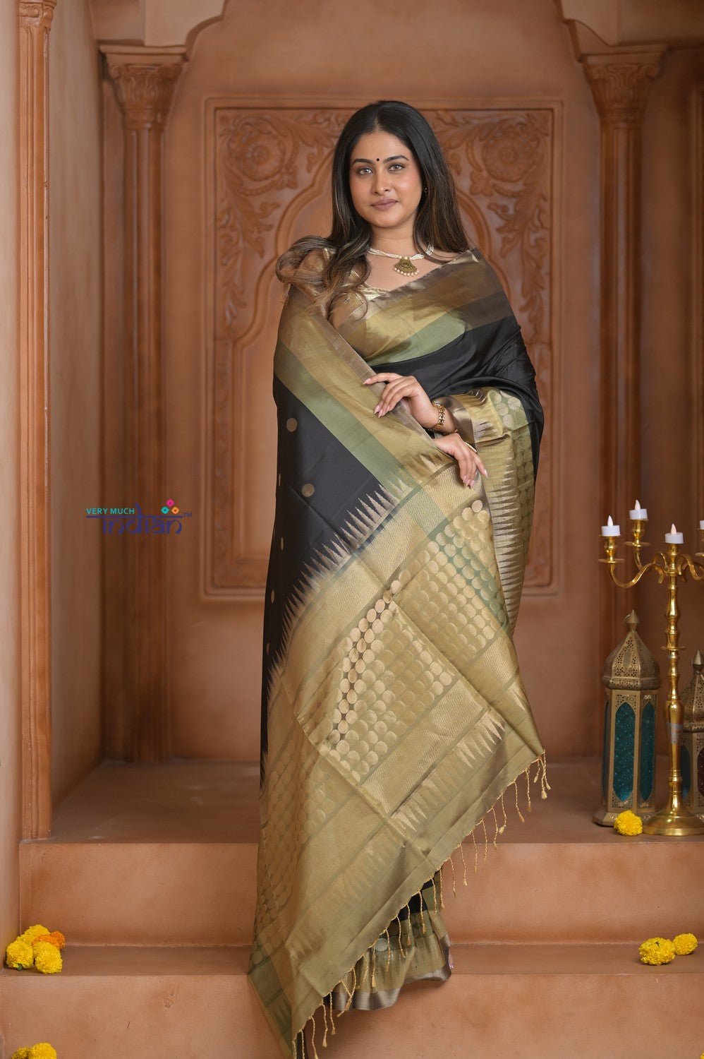 Shubh Lakshmi ~ Handloom High Quality Pure Soft Silk Saree in Black with Tricolor Border (Silk Mark Certified) - verymuchindian.com