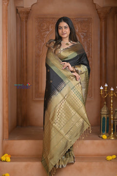 Shubh Lakshmi ~ Handloom High Quality Pure Soft Silk Saree in Black with Tricolor Border (Silk Mark Certified) - verymuchindian.com
