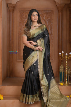 Shubh Lakshmi ~ Handloom High Quality Pure Soft Silk Saree in Black with Tricolor Border (Silk Mark Certified) - verymuchindian.com
