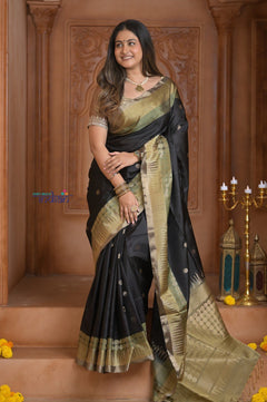 Shubh Lakshmi ~ Handloom High Quality Pure Soft Silk Saree in Black with Tricolor Border (Silk Mark Certified) - verymuchindian.com