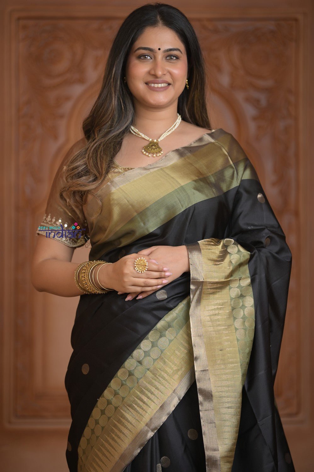 Shubh Lakshmi ~ Handloom High Quality Pure Soft Silk Saree in Black with Tricolor Border (Silk Mark Certified) - verymuchindian.com