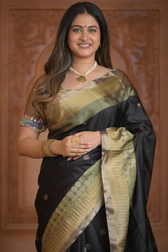 Shubh Lakshmi ~ Handloom High Quality Pure Soft Silk Saree in Black with Tricolor Border (Silk Mark Certified) - verymuchindian.com