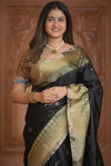 Shubh Lakshmi ~ Handloom High Quality Pure Soft Silk Saree in Black with Tricolor Border (Silk Mark Certified) - verymuchindian.com
