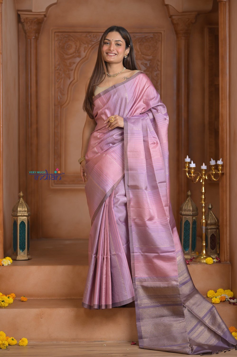 Shubh Lakshmi ~ Handloom High Quality Pure Soft Silk Saree in Blush Pink (Silk Mark Certified) - verymuchindian.com