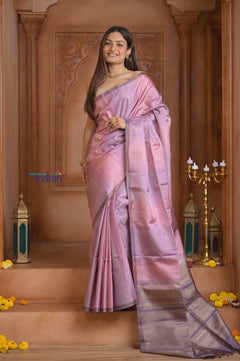 Shubh Lakshmi ~ Handloom High Quality Pure Soft Silk Saree in Blush Pink (Silk Mark Certified) - verymuchindian.com