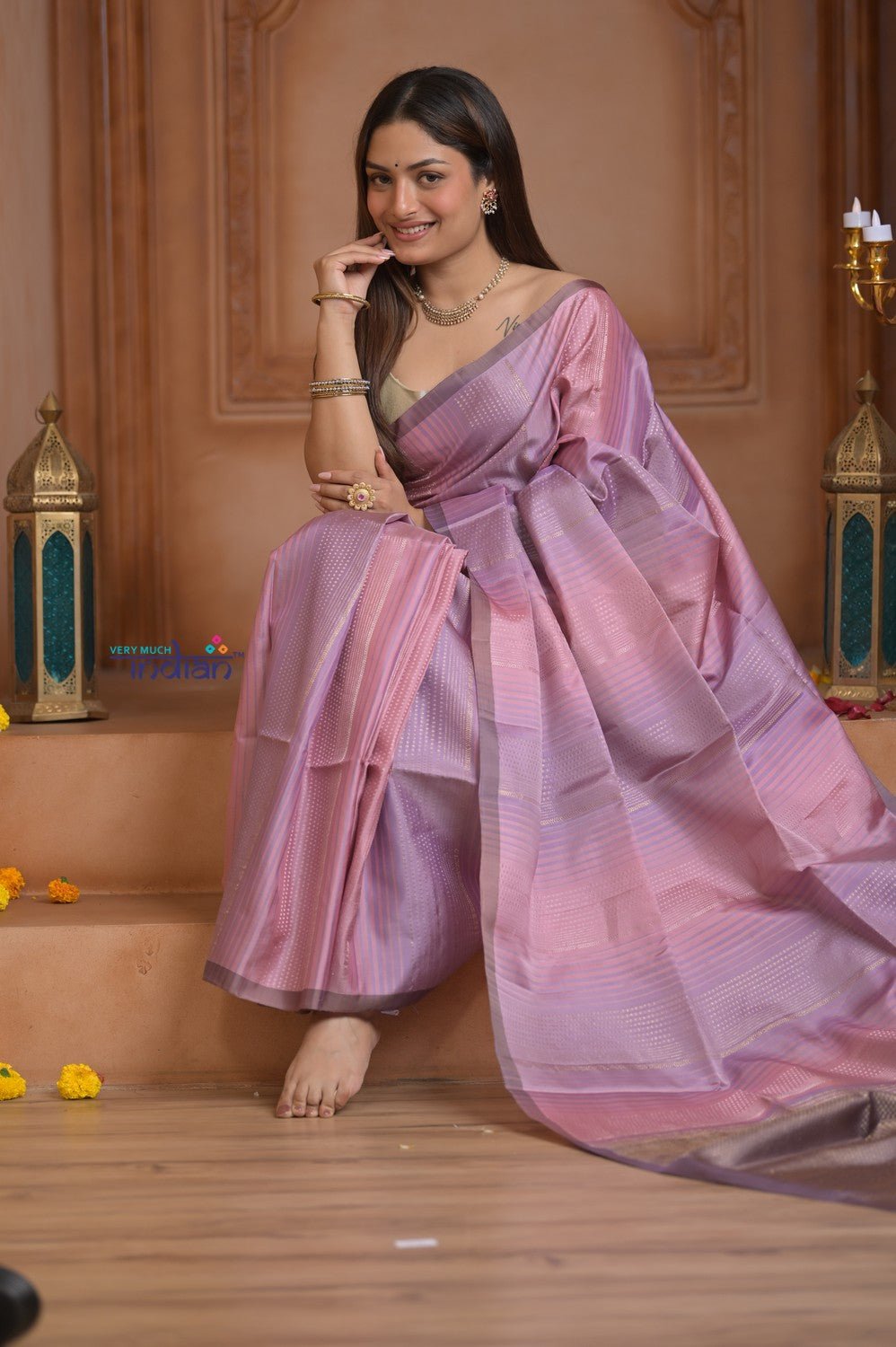 Shubh Lakshmi ~ Handloom High Quality Pure Soft Silk Saree in Blush Pink (Silk Mark Certified) - verymuchindian.com
