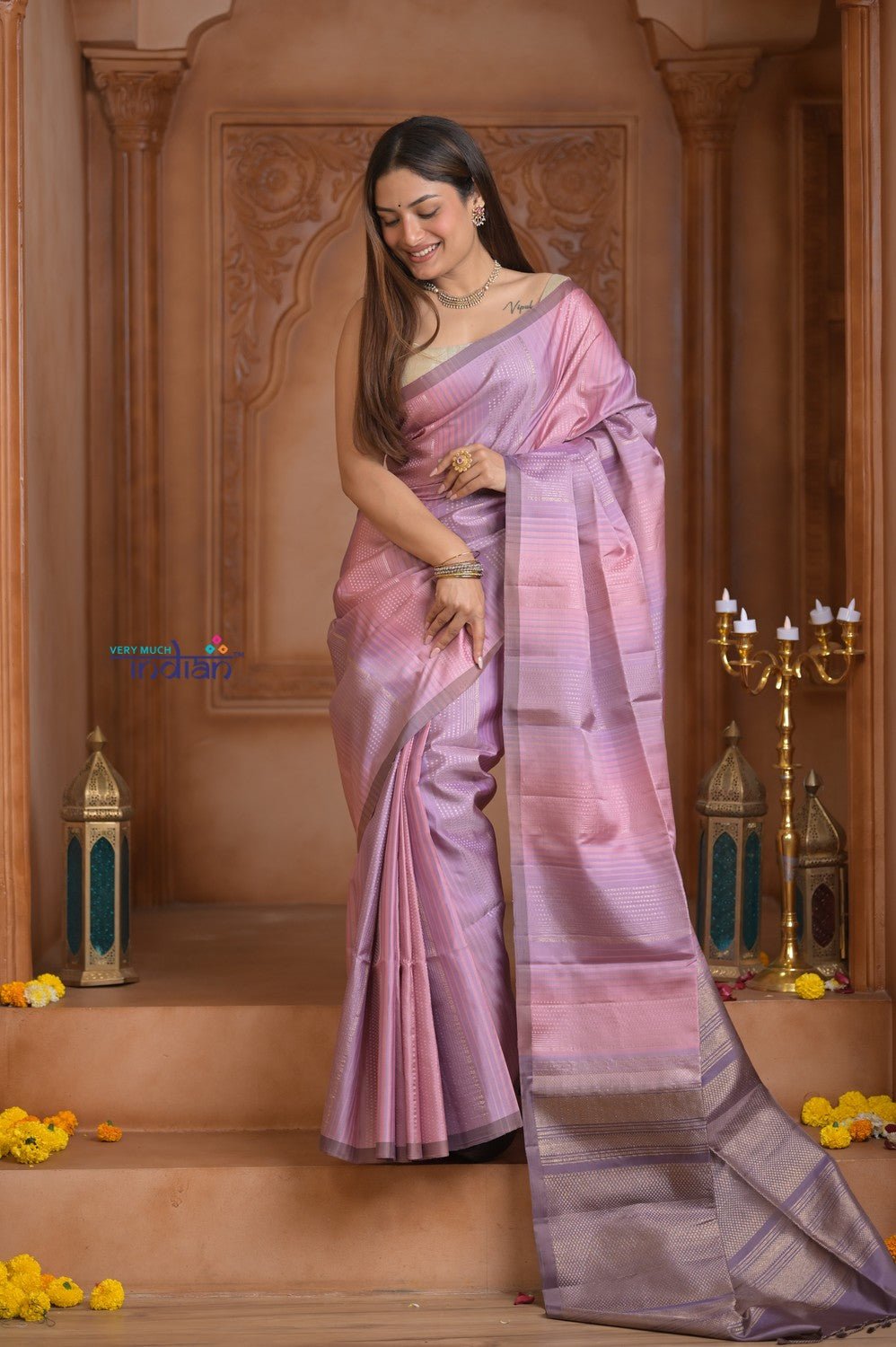 Shubh Lakshmi ~ Handloom High Quality Pure Soft Silk Saree in Blush Pink (Silk Mark Certified) - verymuchindian.com