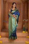 Shubh Lakshmi ~ Handloom High Quality Pure Soft Silk Saree in Dark Blue and Green (Silk Mark Certified) - verymuchindian.com