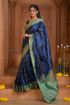 Shubh Lakshmi ~ Handloom High Quality Pure Soft Silk Saree in Dark Blue and Green (Silk Mark Certified) - verymuchindian.com
