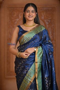 Shubh Lakshmi ~ Handloom High Quality Pure Soft Silk Saree in Dark Blue and Green (Silk Mark Certified) - verymuchindian.com