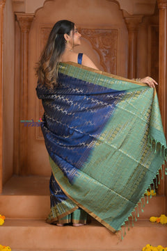 Shubh Lakshmi ~ Handloom High Quality Pure Soft Silk Saree in Dark Blue and Green (Silk Mark Certified) - verymuchindian.com