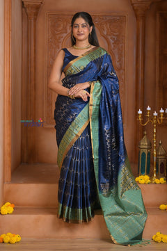 Shubh Lakshmi ~ Handloom High Quality Pure Soft Silk Saree in Dark Blue and Green (Silk Mark Certified) - verymuchindian.com