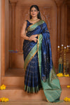 Shubh Lakshmi ~ Handloom High Quality Pure Soft Silk Saree in Dark Blue and Green (Silk Mark Certified) - verymuchindian.com