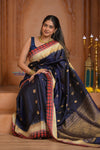 Shubh Lakshmi ~ Handloom High Quality Pure Soft Silk Saree in Dark Blue and Red Border (Silk Mark Certified) - verymuchindian.com