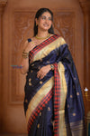 Shubh Lakshmi ~ Handloom High Quality Pure Soft Silk Saree in Dark Blue and Red Border (Silk Mark Certified) - verymuchindian.com
