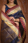 Shubh Lakshmi ~ Handloom High Quality Pure Soft Silk Saree in Dark Blue and Red Border (Silk Mark Certified) - verymuchindian.com
