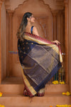 Shubh Lakshmi ~ Handloom High Quality Pure Soft Silk Saree in Dark Blue and Red Border (Silk Mark Certified) - verymuchindian.com