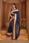 Shubh Lakshmi ~ Handloom High Quality Pure Soft Silk Saree in Dark Blue and Red Border (Silk Mark Certified) - verymuchindian.com