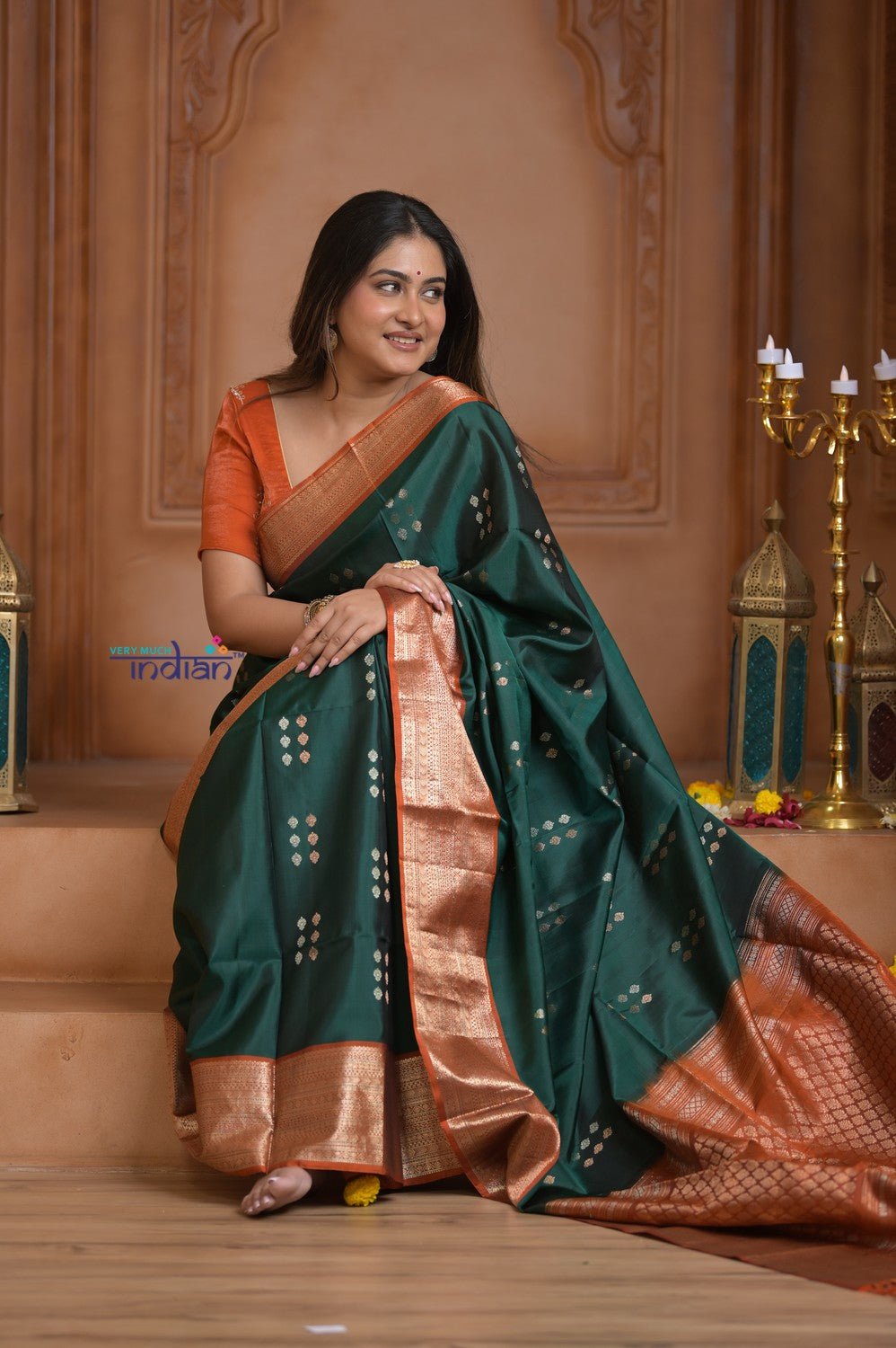 Shubh Lakshmi ~ Handloom High Quality Pure Soft Silk Saree in Dark Green and Orange (Silk Mark Certified) - verymuchindian.com