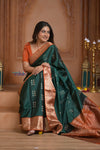 Shubh Lakshmi ~ Handloom High Quality Pure Soft Silk Saree in Dark Green and Orange (Silk Mark Certified) - verymuchindian.com