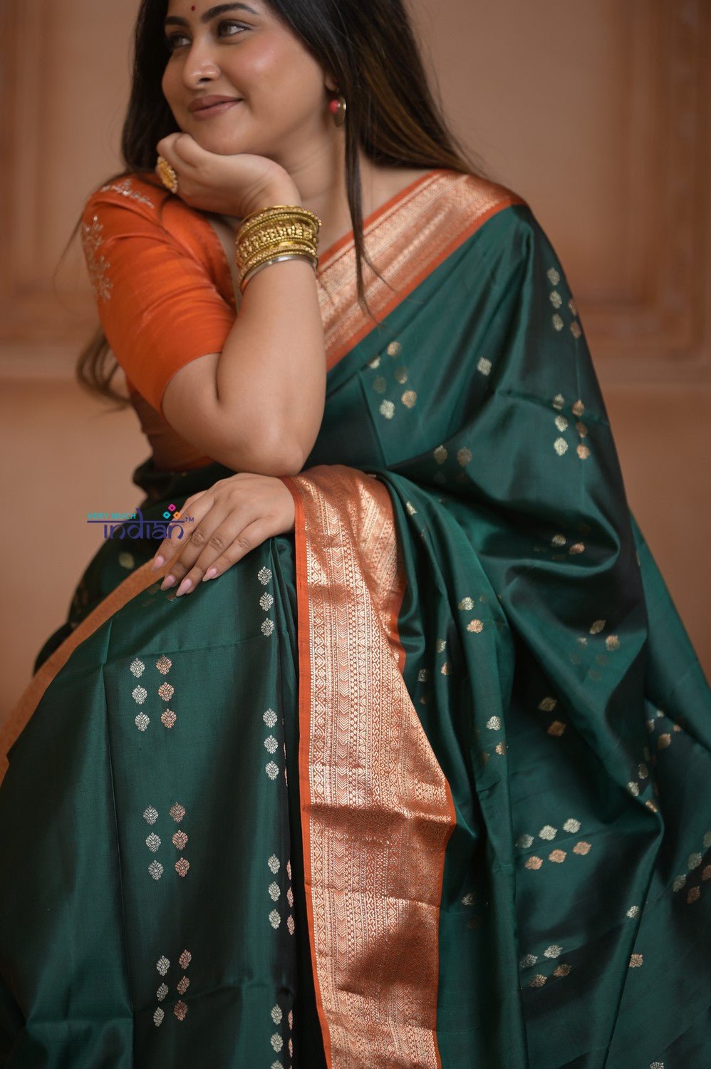 Shubh Lakshmi ~ Handloom High Quality Pure Soft Silk Saree in Dark Green and Orange (Silk Mark Certified) - verymuchindian.com