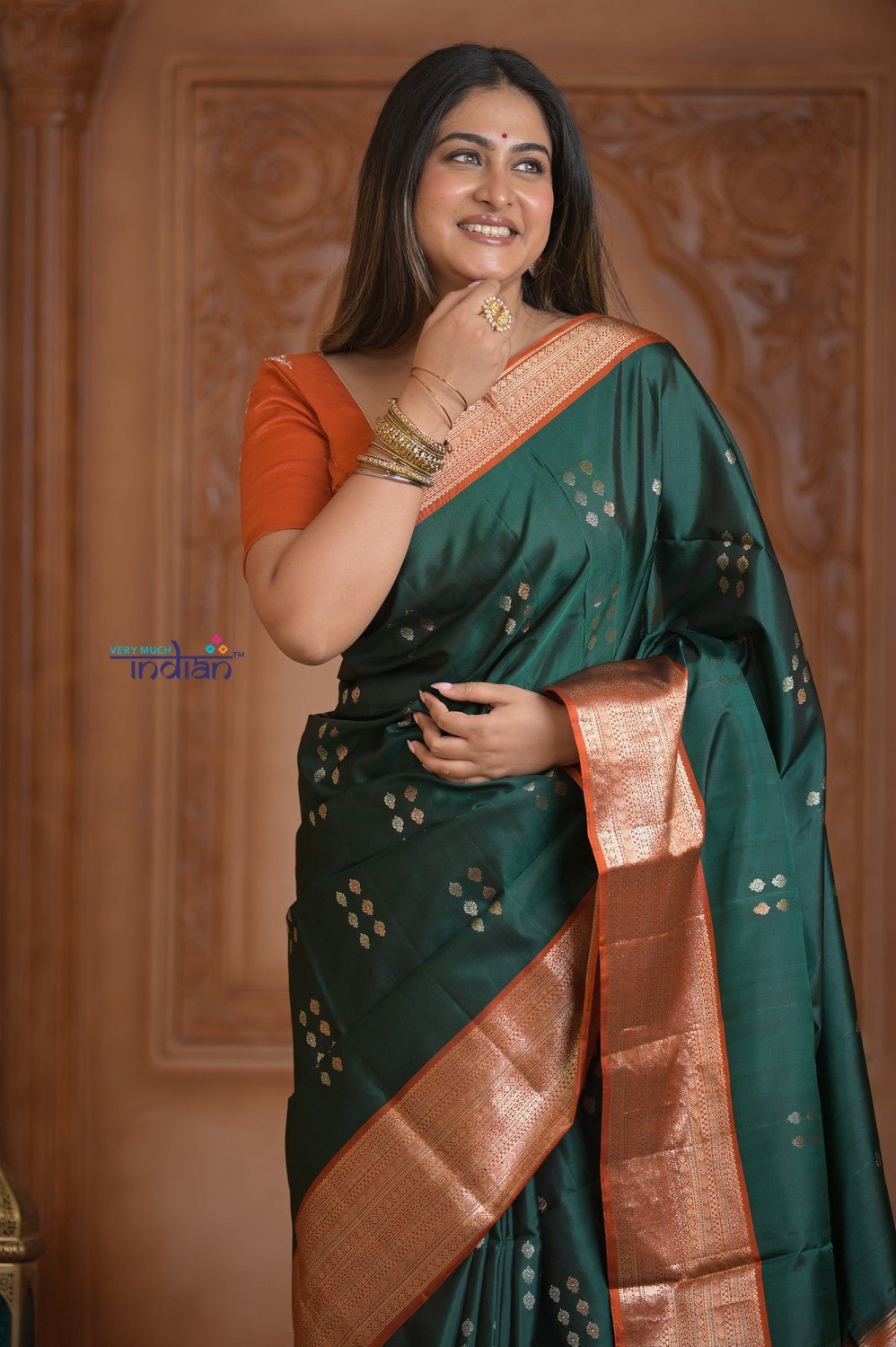 Shubh Lakshmi ~ Handloom High Quality Pure Soft Silk Saree in Dark Green and Orange (Silk Mark Certified) - verymuchindian.com