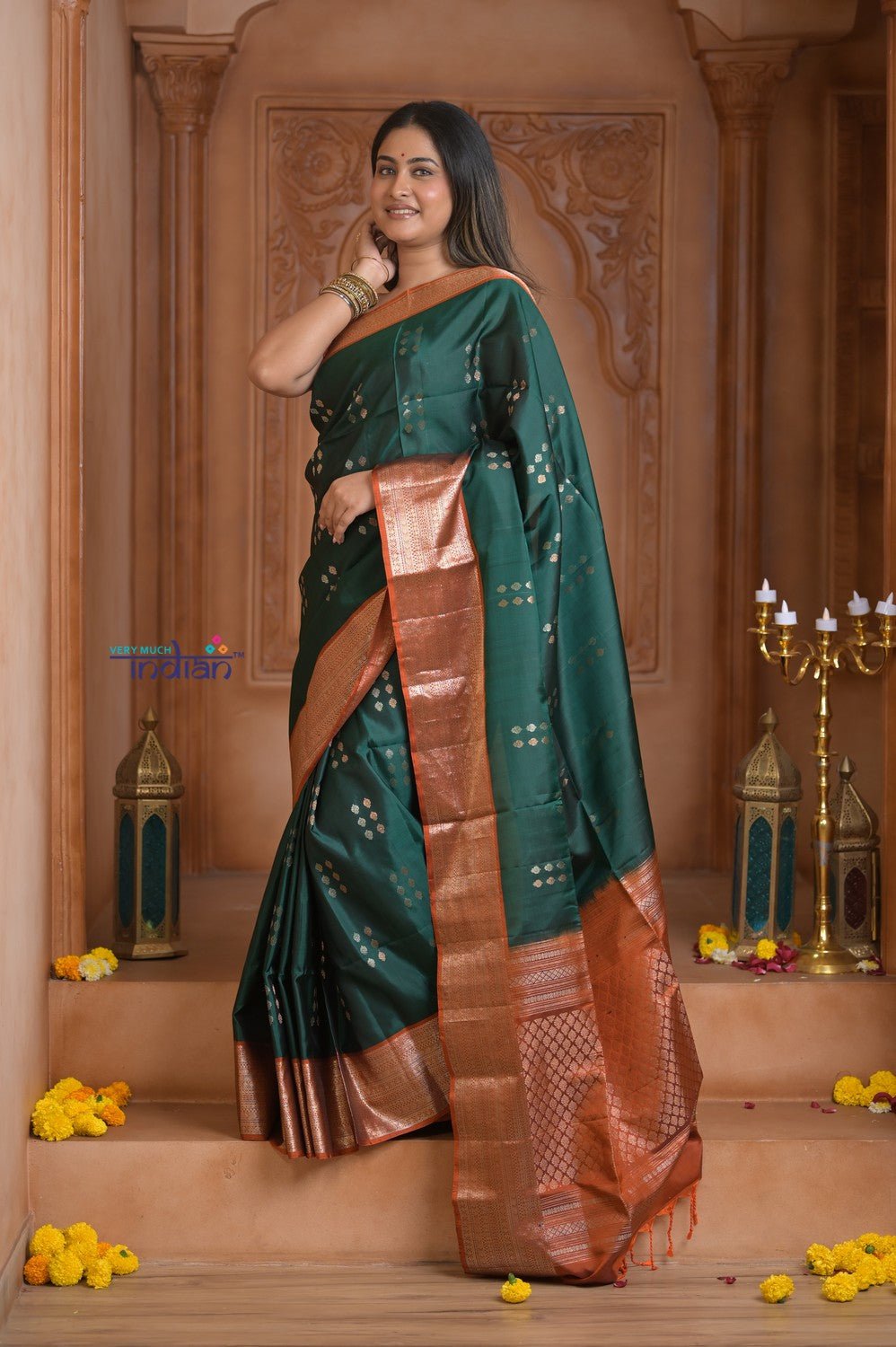 Shubh Lakshmi ~ Handloom High Quality Pure Soft Silk Saree in Dark Green and Orange (Silk Mark Certified) - verymuchindian.com