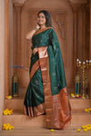 Shubh Lakshmi ~ Handloom High Quality Pure Soft Silk Saree in Dark Green and Orange (Silk Mark Certified) - verymuchindian.com