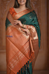 Shubh Lakshmi ~ Handloom High Quality Pure Soft Silk Saree in Dark Green and Orange (Silk Mark Certified) - verymuchindian.com