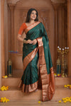 Shubh Lakshmi ~ Handloom High Quality Pure Soft Silk Saree in Dark Green and Orange (Silk Mark Certified) - verymuchindian.com